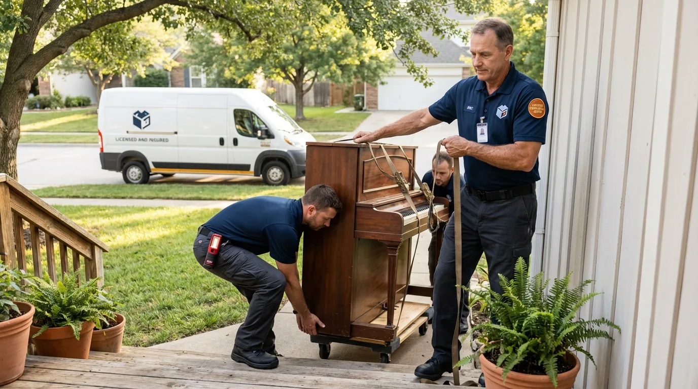 Licensed piano movers securing grand piano in Sterling, MA