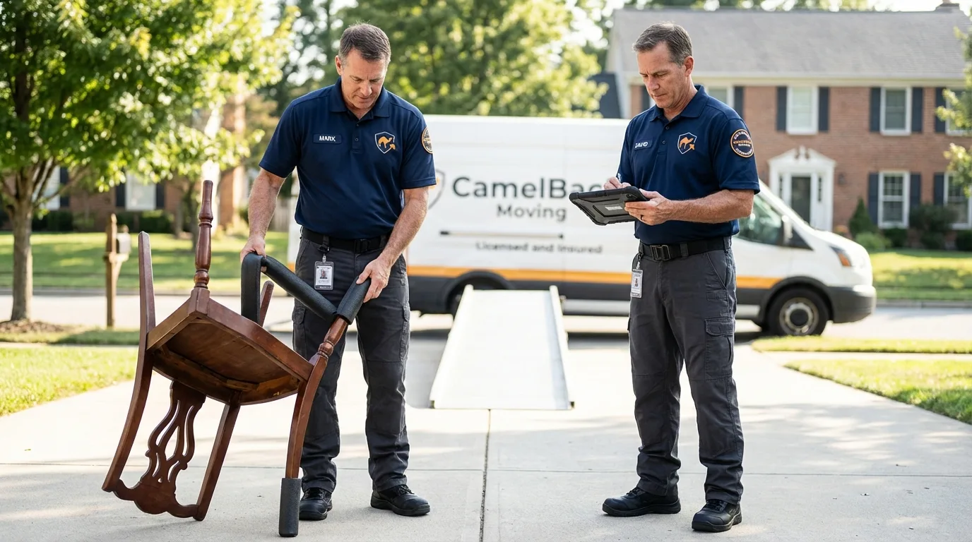 Movers inspecting furniture for damage prevention before loading in Sterling, MA