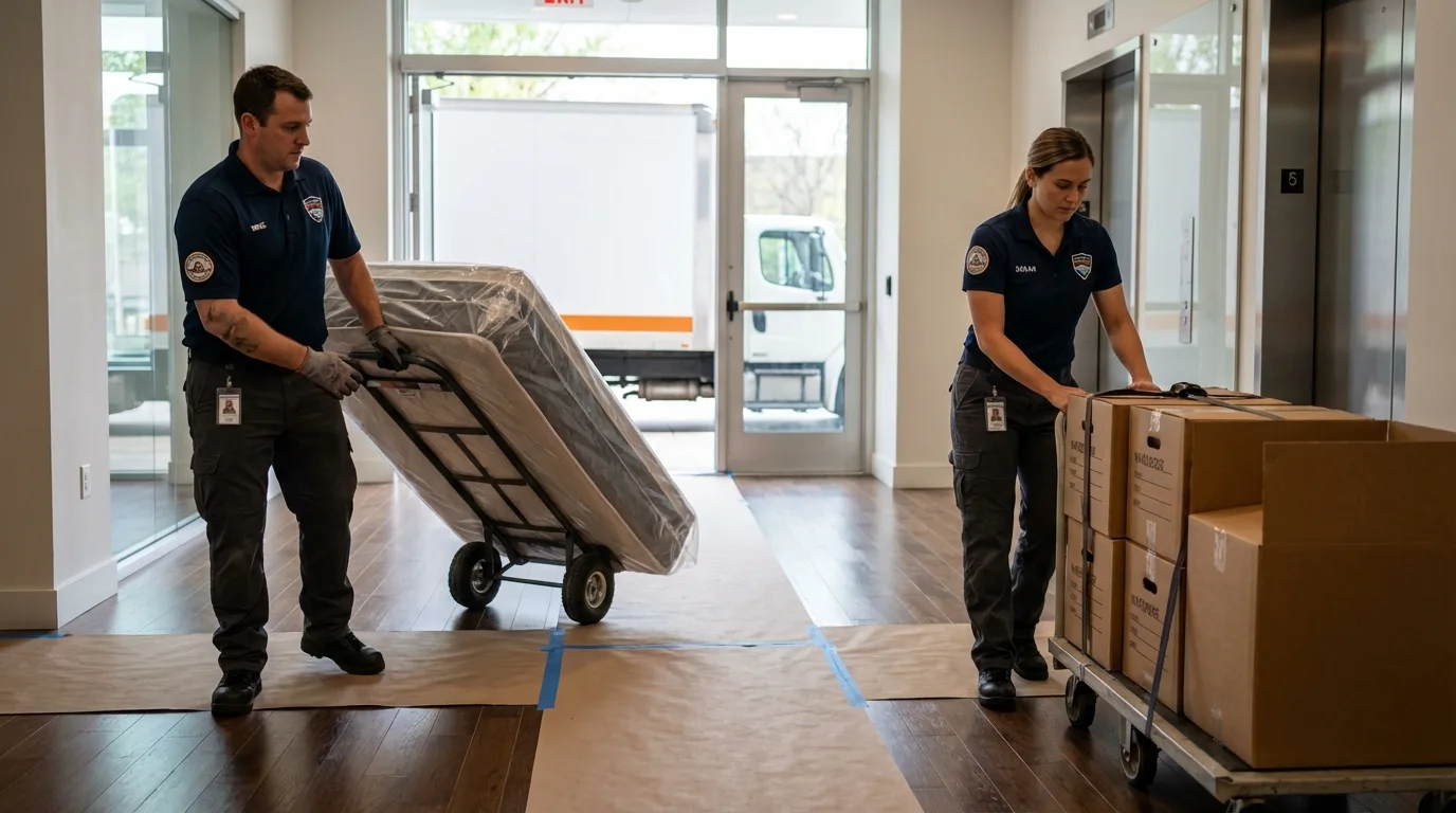 Professional apartment movers loading elevator in Sterling, MA