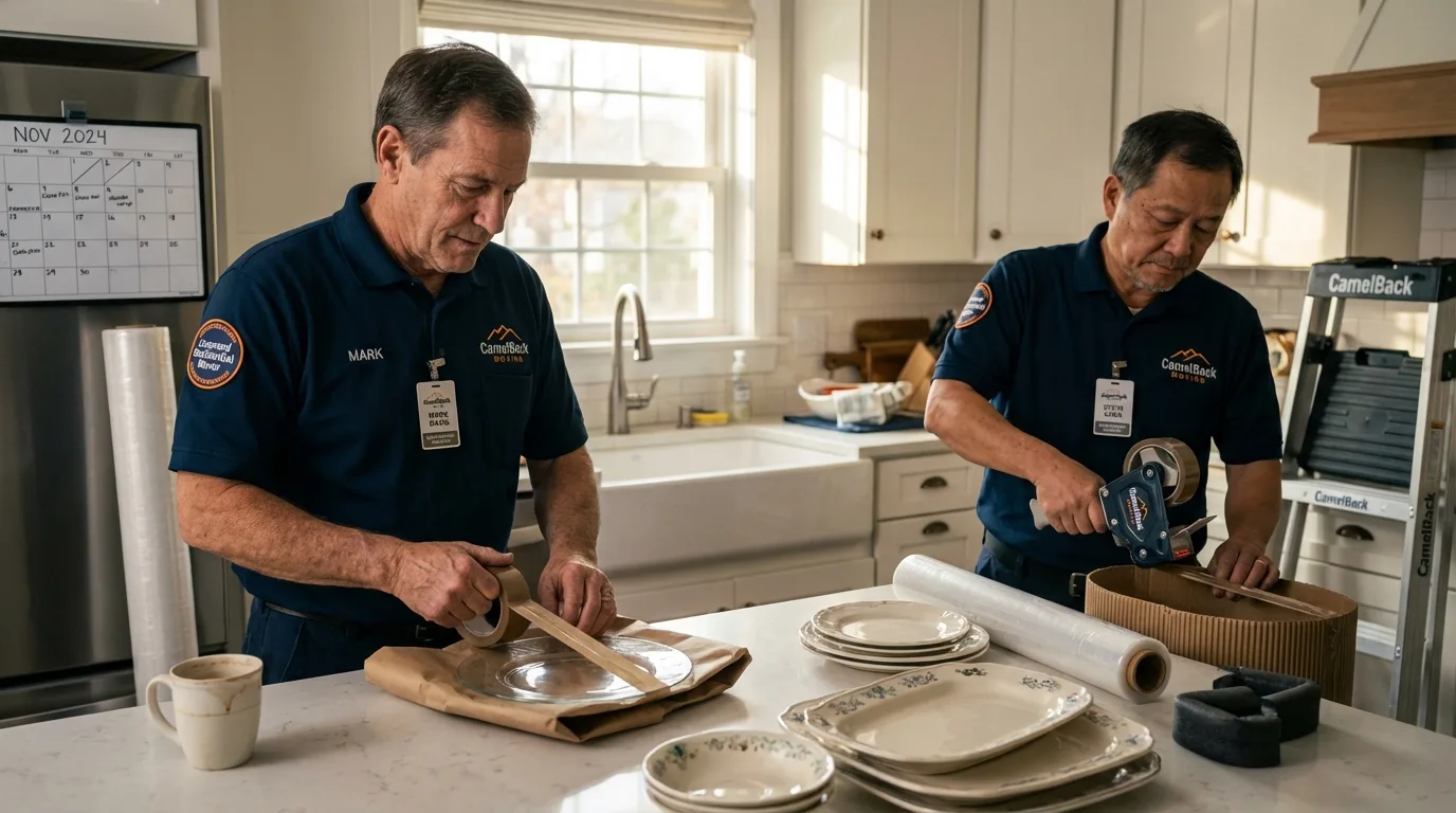 Professional crew packing kitchen dishware in Sterling, MA